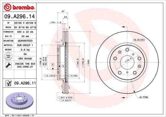 Brembo 09.A296.14 - Bremžu diski adetalas.lv