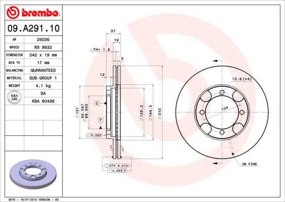 Brembo 09.A291.10 - Bremžu diski adetalas.lv