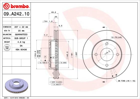 Brembo 09.A242.10 - Bremžu diski adetalas.lv