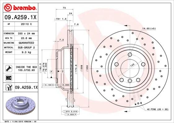 Brembo 09.A259.1X - Bremžu diski adetalas.lv