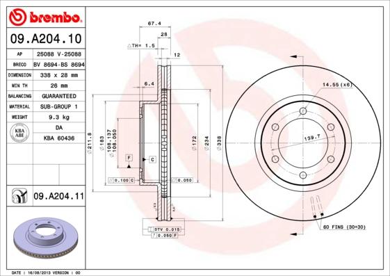 Brembo 09.A204.11 - Bremžu diski adetalas.lv