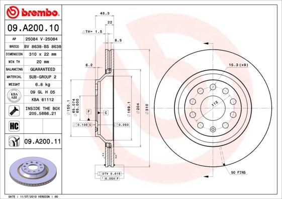 Brembo 09.A200.11 - Bremžu diski adetalas.lv