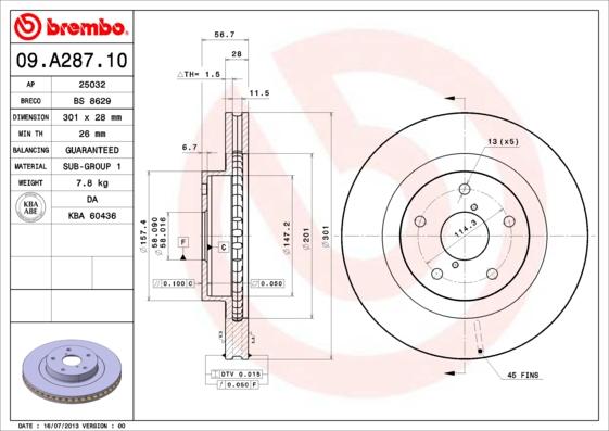 Brembo 09.A287.10 - Bremžu diski adetalas.lv