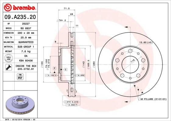 Brembo 09.A235.20 - Bremžu diski adetalas.lv