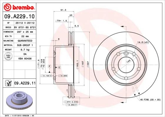 Brembo 09.A229.11 - Bremžu diski adetalas.lv