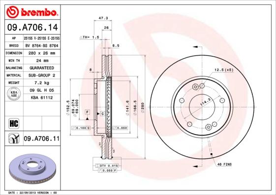 Brembo 09.A706.11 - Bremžu diski adetalas.lv