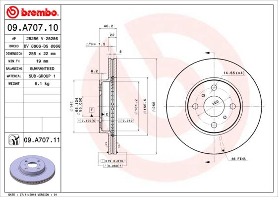 Brembo 09.A707.11 - Bremžu diski adetalas.lv