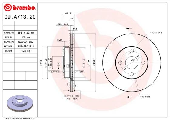 Brembo 09.A713.20 - Bremžu diski adetalas.lv