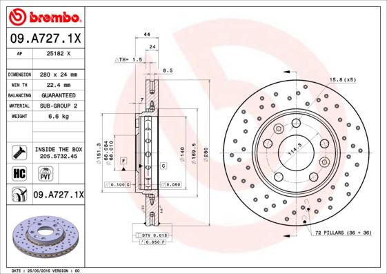 Brembo 09.A727.1X - Bremžu diski adetalas.lv