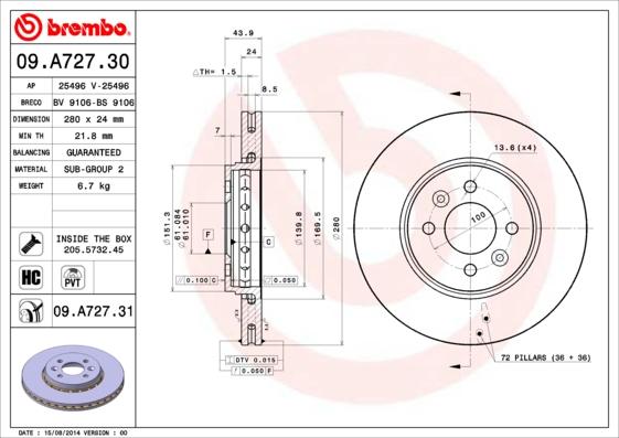 Brembo 09.A727.30 - Bremžu diski adetalas.lv