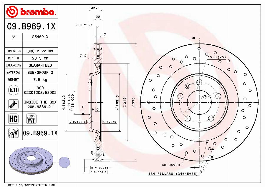 Brembo 09.B969.1X - Bremžu diski adetalas.lv