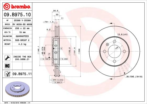 Brembo 09.B975.10 - Bremžu diski adetalas.lv