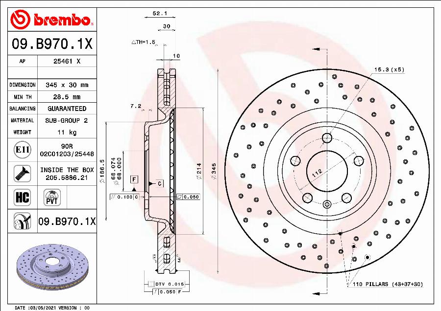 Brembo 09.B970.1X - Bremžu diski adetalas.lv