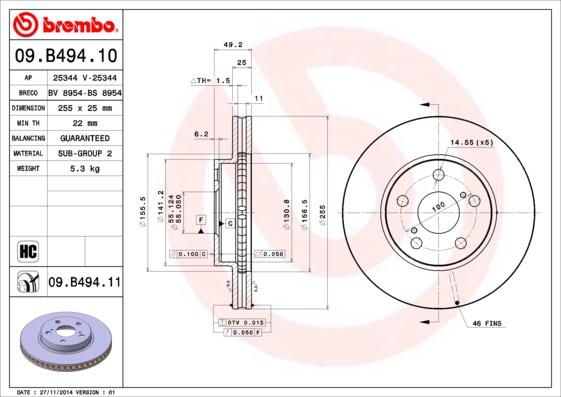 Brembo 09.B494.10 - Bremžu diski adetalas.lv