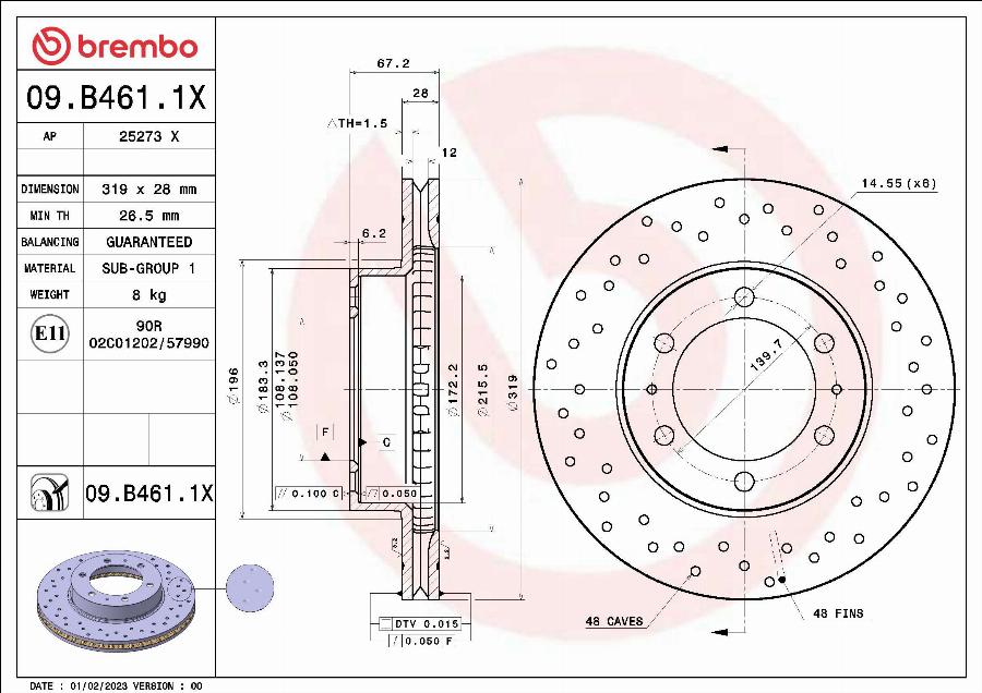 Brembo 09.B461.1X - Bremžu diski adetalas.lv