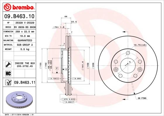 Brembo 09.B463.11 - Bremžu diski adetalas.lv