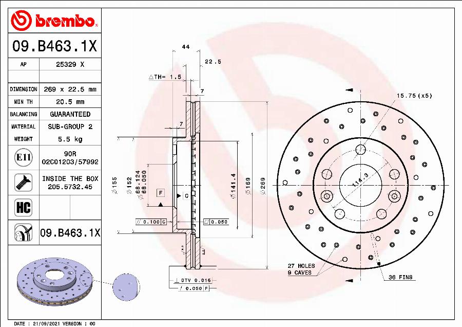 Brembo 09.B463.1X - Bremžu diski adetalas.lv