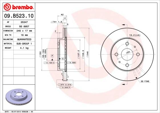 Brembo 09.B523.10 - Bremžu diski adetalas.lv