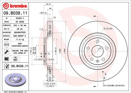 Brembo 09.B038.11 - Bremžu diski adetalas.lv