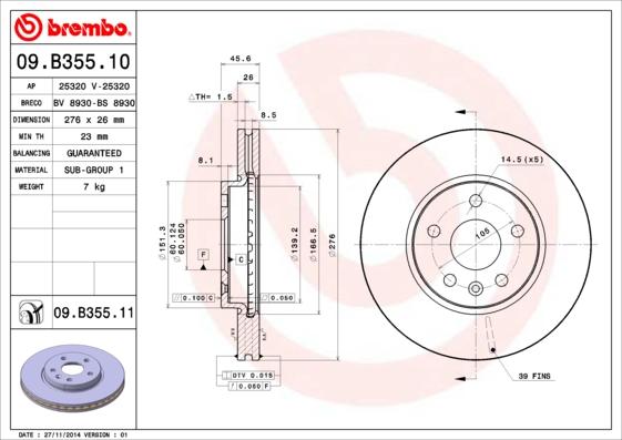 Brembo 09.B355.11 - Bremžu diski adetalas.lv