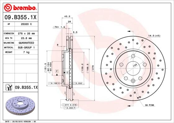 Brembo 09.B355.1X - Bremžu diski adetalas.lv