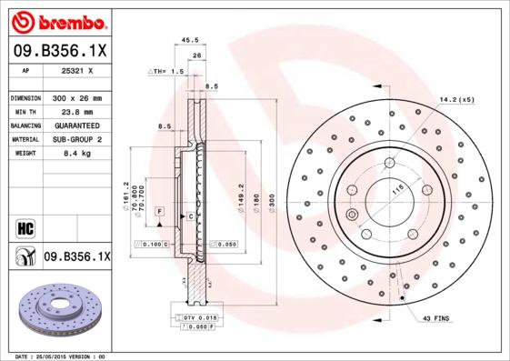 Brembo 09.B356.1X - Bremžu diski adetalas.lv