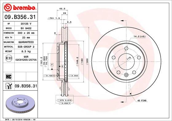 Brembo 09.B356.31 - Bremžu diski adetalas.lv