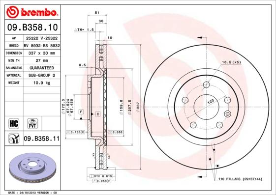 Brembo 09.B358.11 - Bremžu diski adetalas.lv