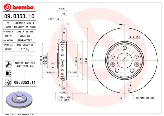 Brembo 09.B353.11 - Bremžu diski adetalas.lv