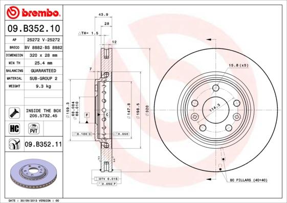 Brembo 09.B352.10 - Bremžu diski adetalas.lv