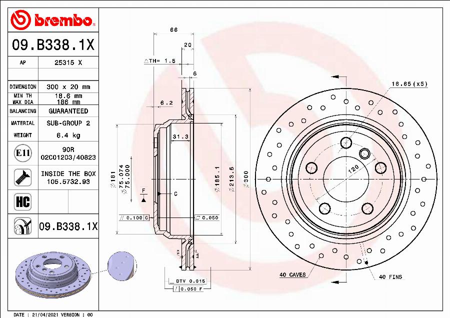 Brembo 09.B338.1X - Bremžu diski adetalas.lv