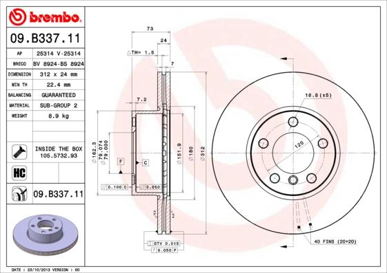 Brembo 09.B337.11 - Bremžu diski adetalas.lv