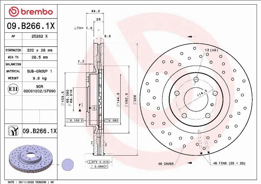 Brembo 09.B266.1X - Bremžu diski adetalas.lv