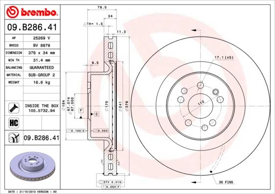 Brembo 09.B286.41 - Bremžu diski adetalas.lv