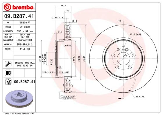 Brembo 09.B287.41 - Bremžu diski adetalas.lv