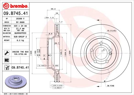 Brembo 09.B745.41 - Bremžu diski adetalas.lv