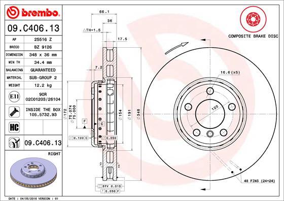 Brembo 09.C406.13 - Bremžu diski adetalas.lv