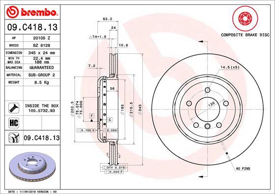 Brembo 09.C418.13 - Bremžu diski adetalas.lv