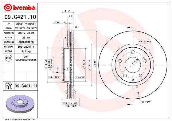 Brembo 09.C421.11 - Bremžu diski adetalas.lv