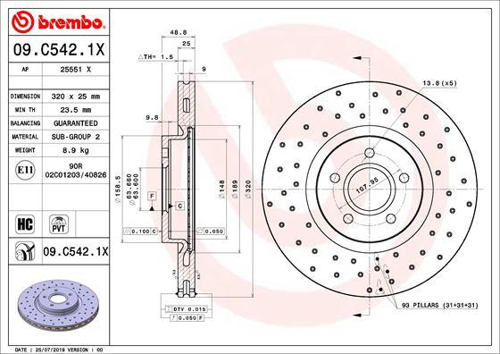 Brembo 09.C542.1X - Bremžu diski adetalas.lv