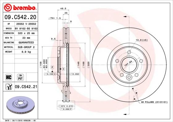 Brembo 09.C542.21 - Bremžu diski adetalas.lv