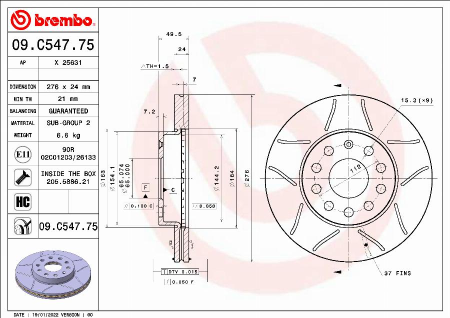 Brembo 09.C547.75 - Bremžu diski adetalas.lv