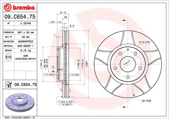 Brembo 09.C654.75 - Bremžu diski adetalas.lv