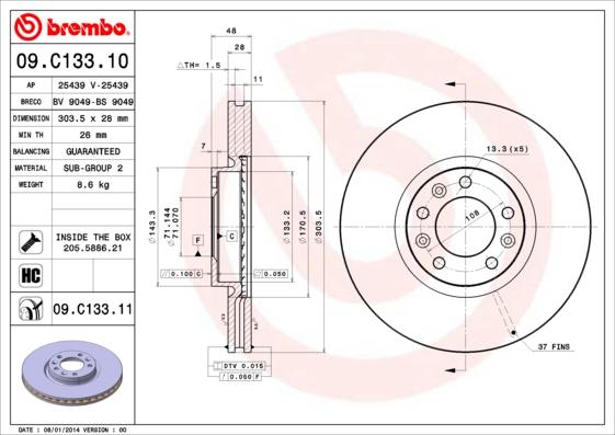 Brembo 09.C133.11 - Bremžu diski adetalas.lv