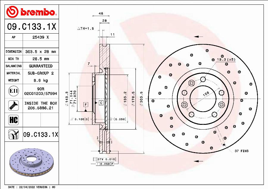 Brembo 09.C133.1X - Bremžu diski adetalas.lv