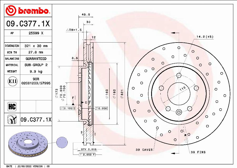 Brembo 09.C377.1X - Bremžu diski adetalas.lv