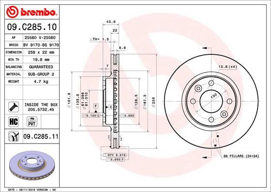 Brembo 09.C285.11 - Bremžu diski adetalas.lv