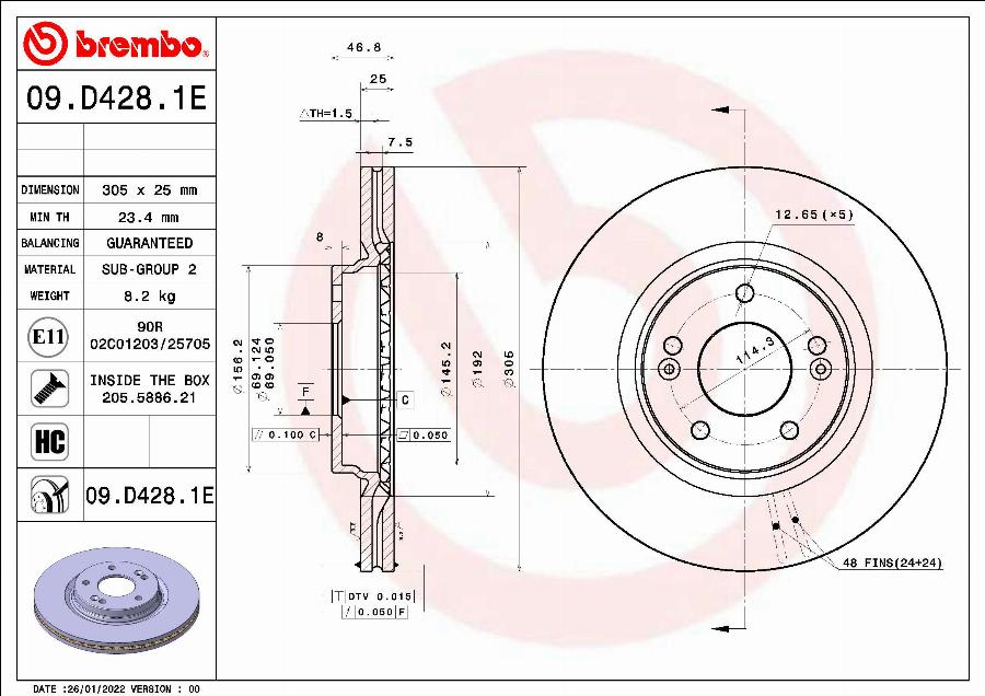 Brembo 09.D428.1E - Bremžu diski adetalas.lv