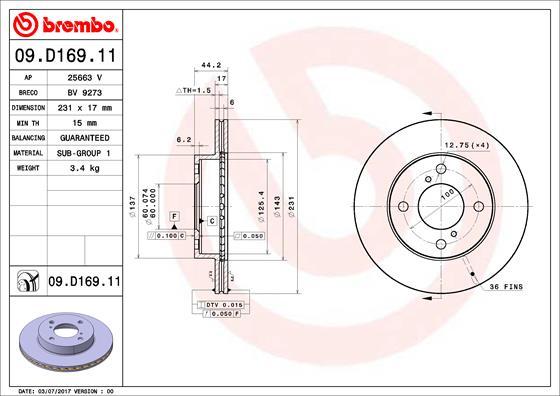 Brembo 09.D169.11 - Bremžu diski adetalas.lv