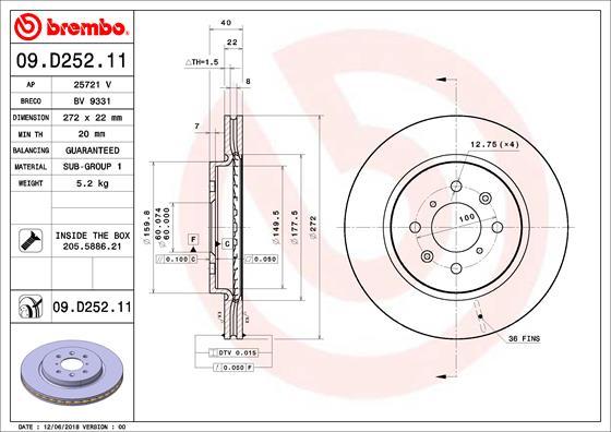 Brembo 09.D252.11 - Bremžu diski adetalas.lv